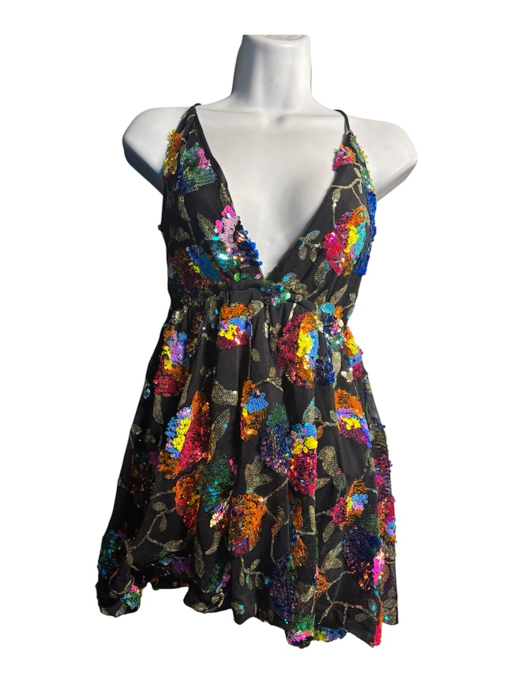 Lucy in the Sky Black Mini Dress with Multicolor Sequin Floral Embroidery